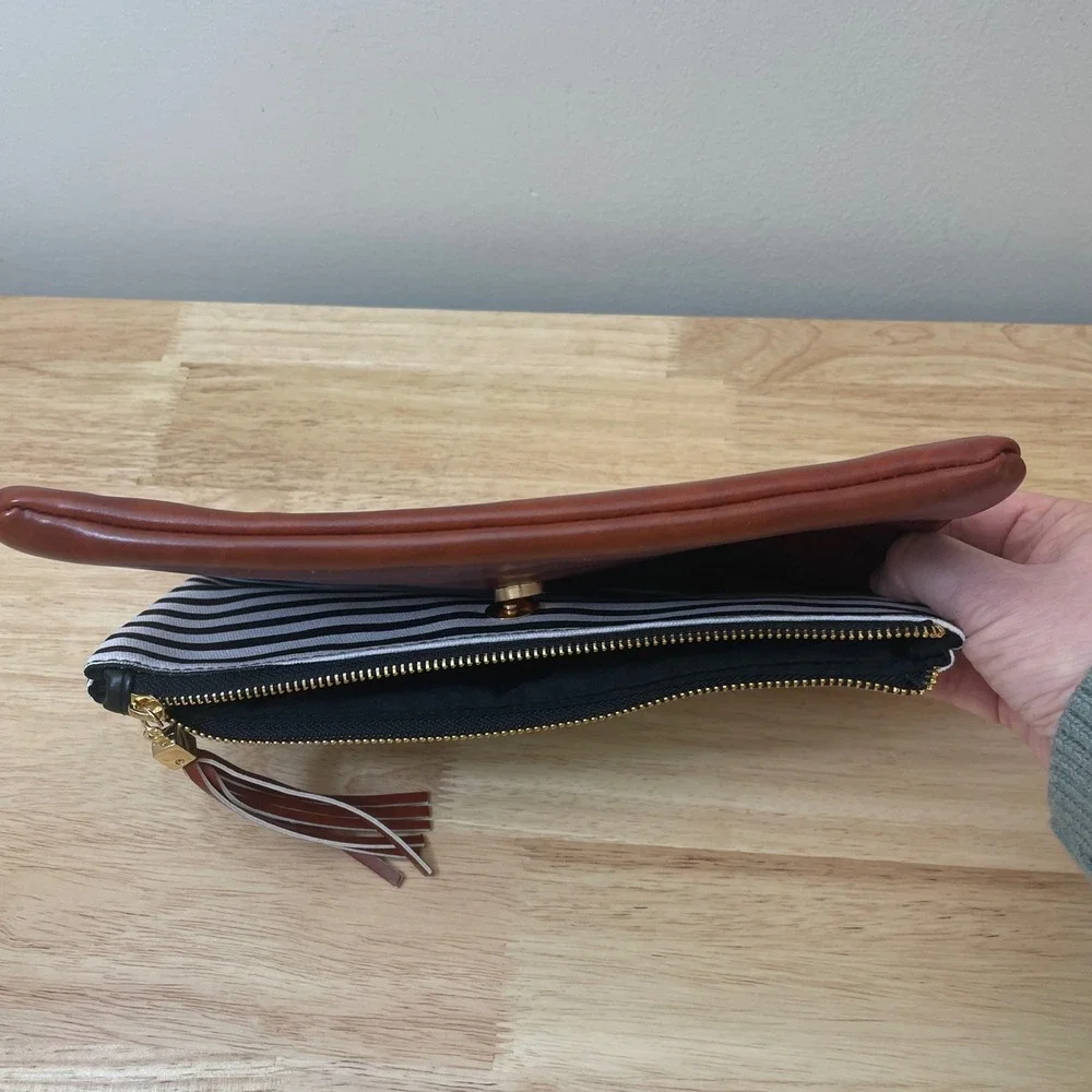 Funky Monkey Striped Canvas Brown Faux‎ Leather Foldover Clutch Tassel